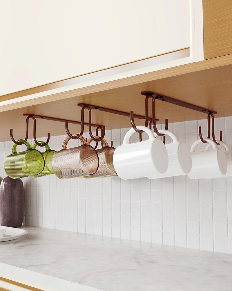 Luckinow Mug Hooks Under Cabinet 3 Pack, Coffee Cup Hooks for Hanging Under Shelf, Mug Organizer Rack with 12 Hooks for Displaying Mugs, Coffee Cups and Kitchen Utensils, Brown - Image 1